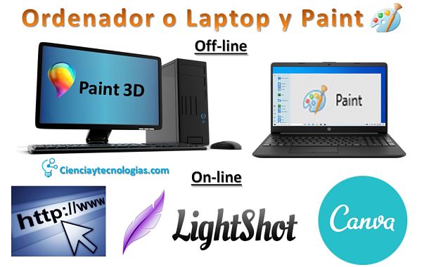 captura de pantalla con Paint Off-line y On-line con internet, lightshot más canva